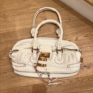Chloe Vintage White Leather Satchel Handbag with Gold Hardware